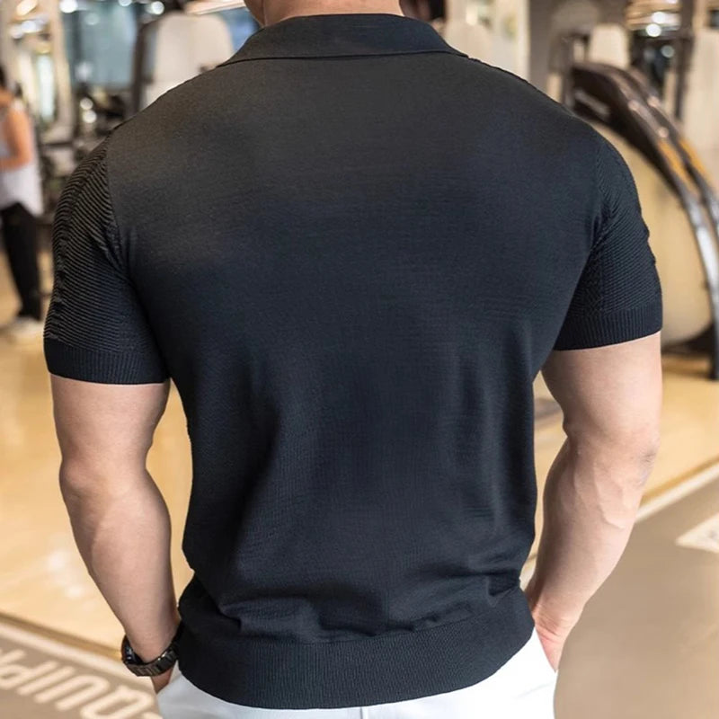 Men's Short Sleeved Knitted Polo Shirt Summer Business Lapel Stylish Solid Color Slim Fit Breathable Quick Drying Golf T-Shirt