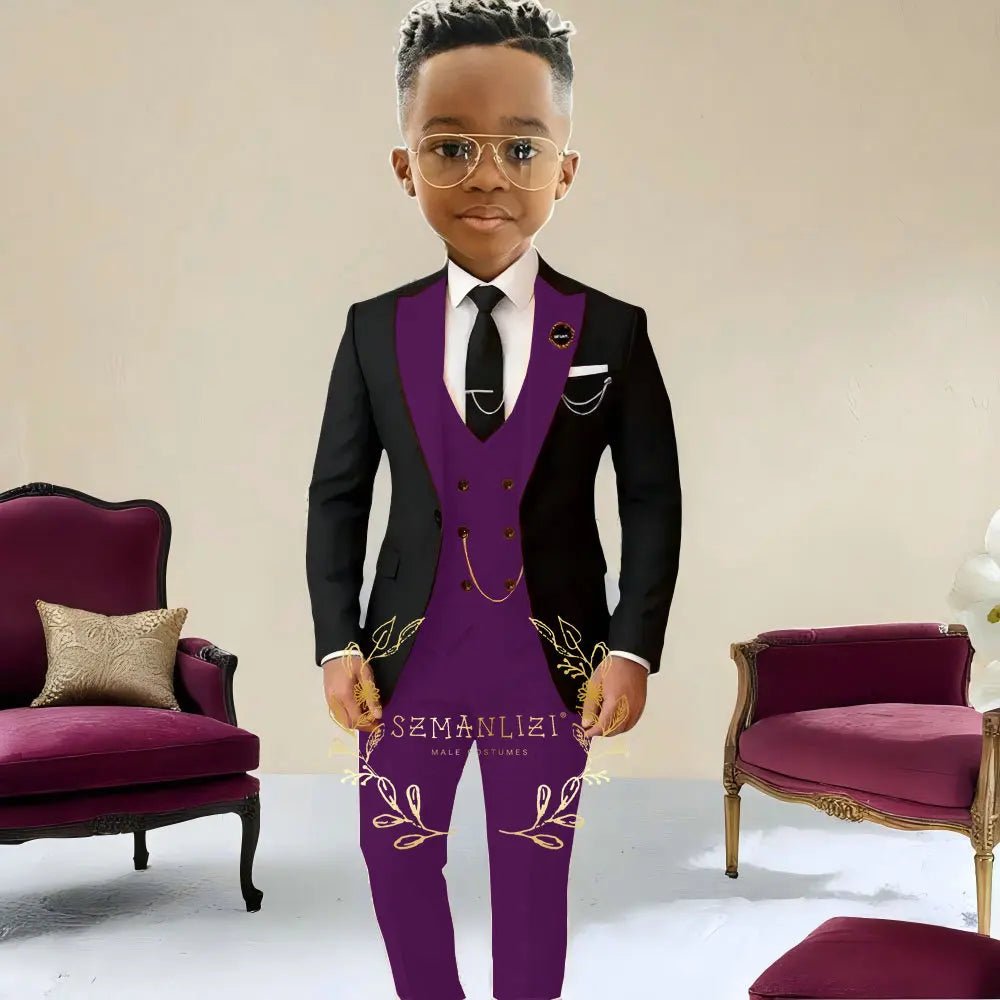 Boys Suit Wedding Tuxedo Black Jacket Beige Pants Vest 3 Pieces Set Kids 2-16 Years Old Child Formal Party Suits Clothes Blazer