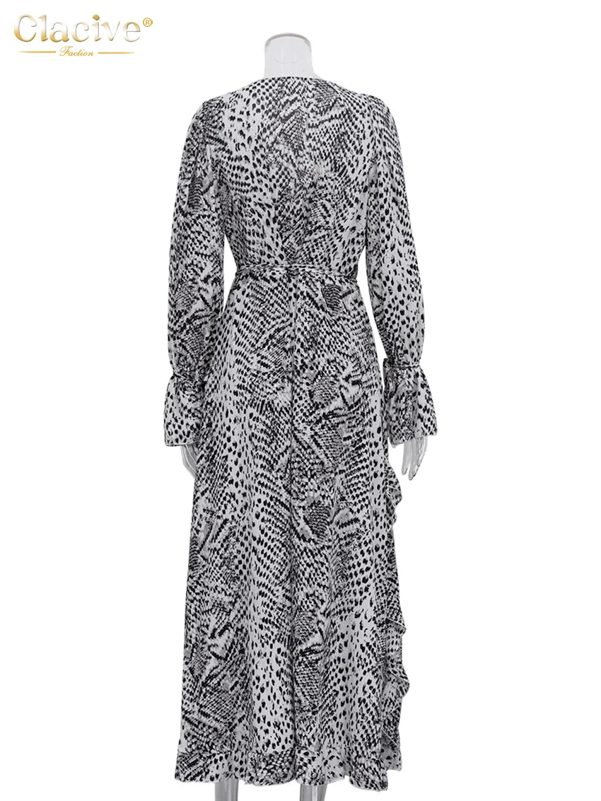 Clacive Fashion Loose Print Women's Dress 2025 Sexy V-Neck Long Sleeve Ankle Length Dresses Elegant Classic Ruffles Female Dress