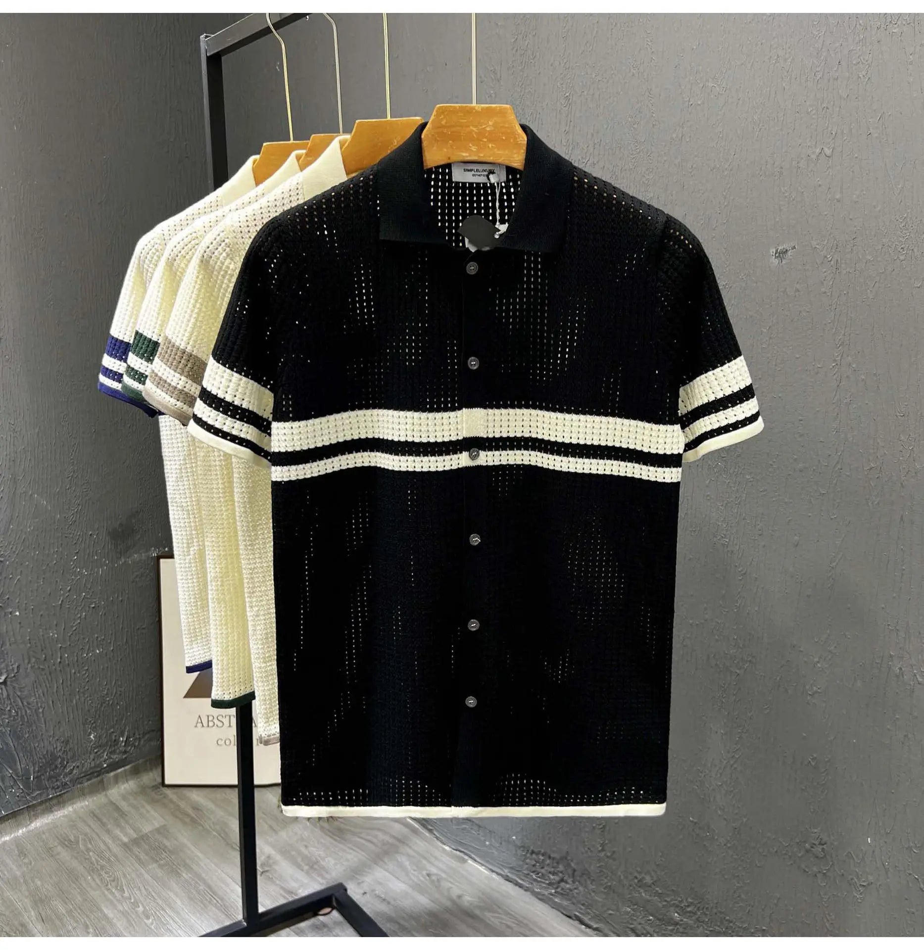 POLO Shirt Knitted Sweater Short-sleeved Men's Hollow Cardigan Striped Old Money Wind Casual T-shirt Summer Men Clothing