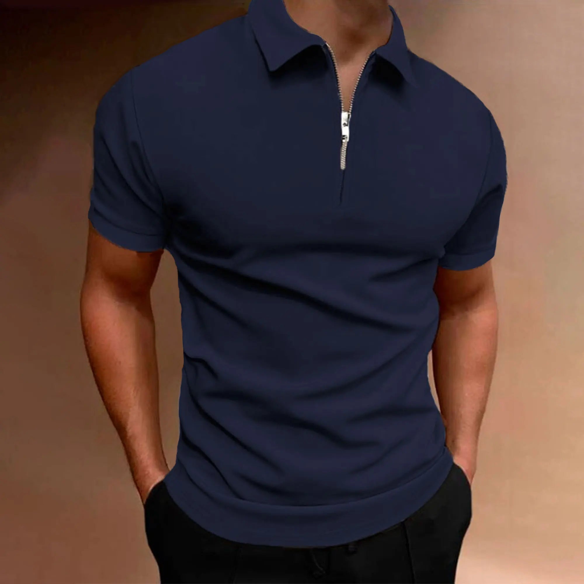Men's polo shirt solid color short-sleeved zipper lapel T-shirt casual top