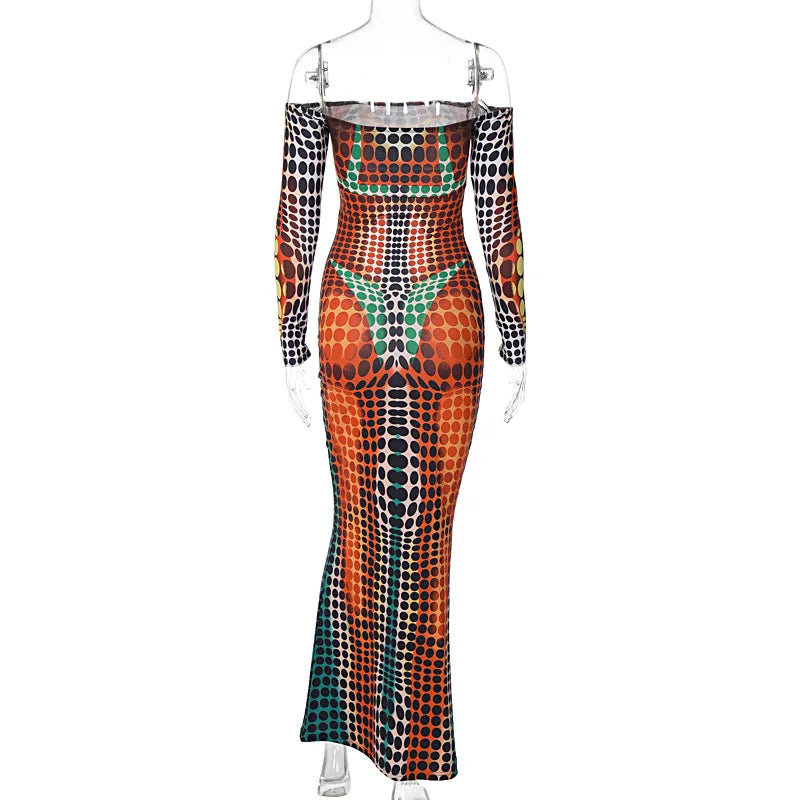 Hugcitar Sexy Y2K Clothes Tie Dye Print Long Sleeve Backless Tube Bodycon Maxi Dresses For Women Club Party Streetwear Outfits