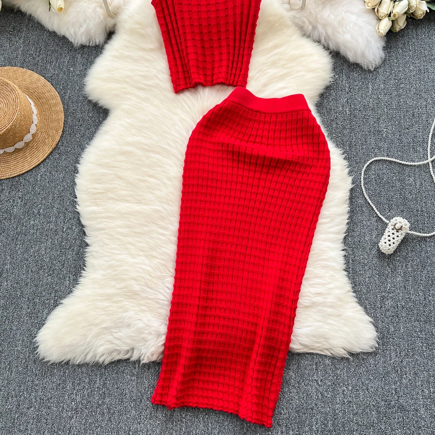 Summer Women Fashion Skirt Set Sexy Sleeveless Tank Tops High Waist Slim Long Saya Female Two Piece Suits Knit Solid Clothes