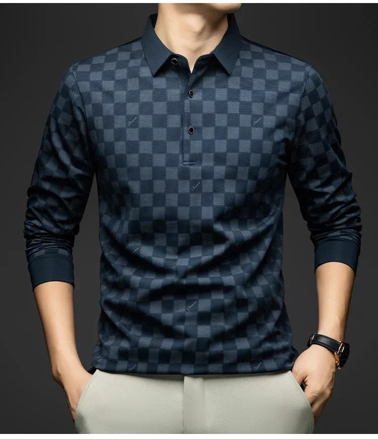 Polo Shirts for Man Autumn Business Slim Fit Long Sleeve T Shirt Men New Casual Loose Pullover Plaid Men Tops & Tees