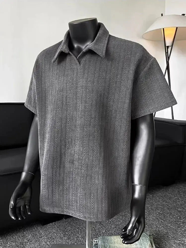 Men Short Sleeve Polo Shirt Herringbone Rib Knit Oversized Casual Top