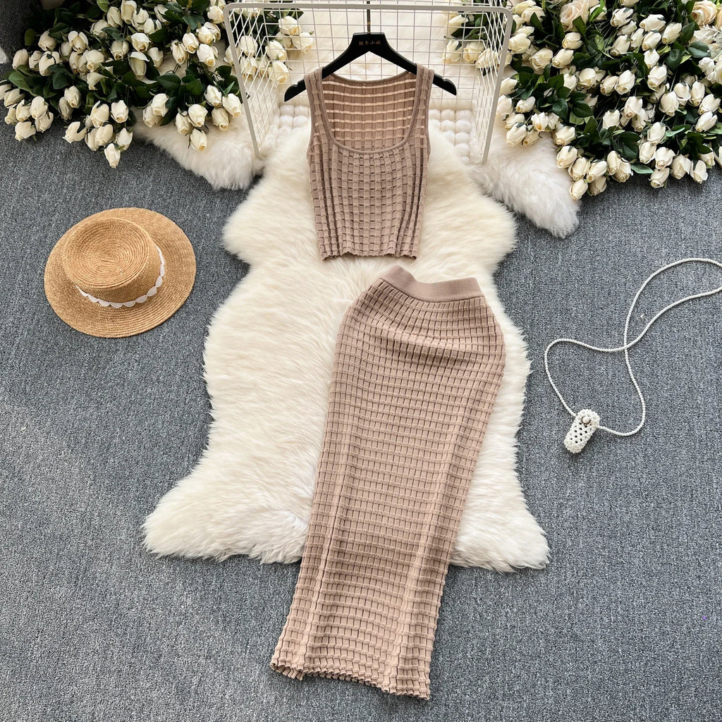 Summer Women Fashion Skirt Set Sexy Sleeveless Tank Tops High Waist Slim Long Saya Female Two Piece Suits Knit Solid Clothes