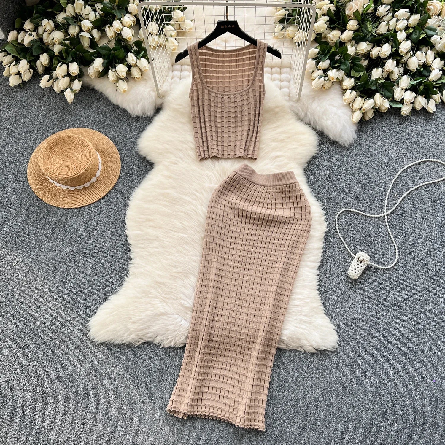 Summer Women Fashion Skirt Set Sexy Sleeveless Tank Tops High Waist Slim Long Saya Female Two Piece Suits Knit Solid Clothes