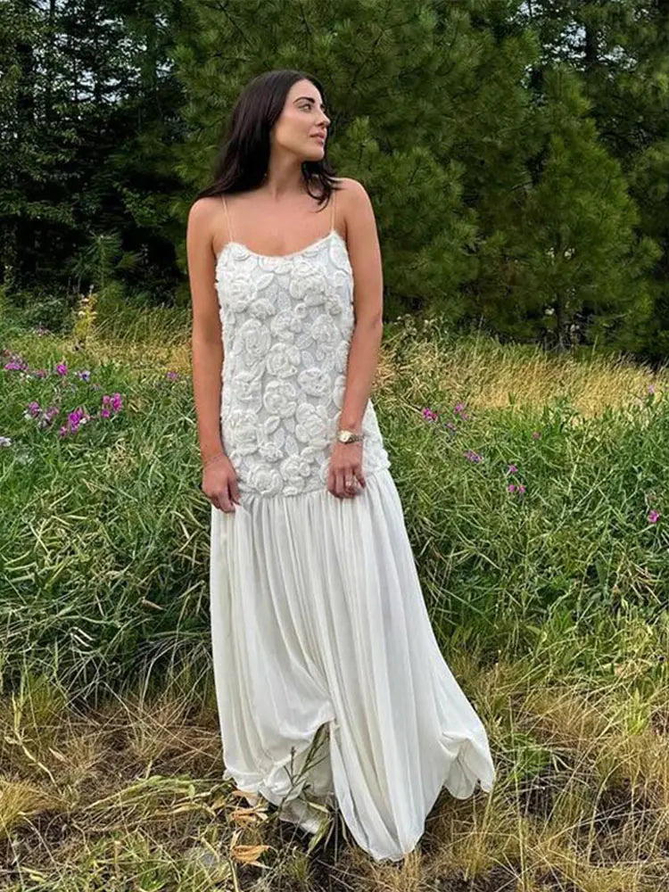Stereo Flower Slip Dress Patchwork Chiffon Solid Color Rose Halter Robes Waist Cinching Suspender Women Pleated Long Dresses