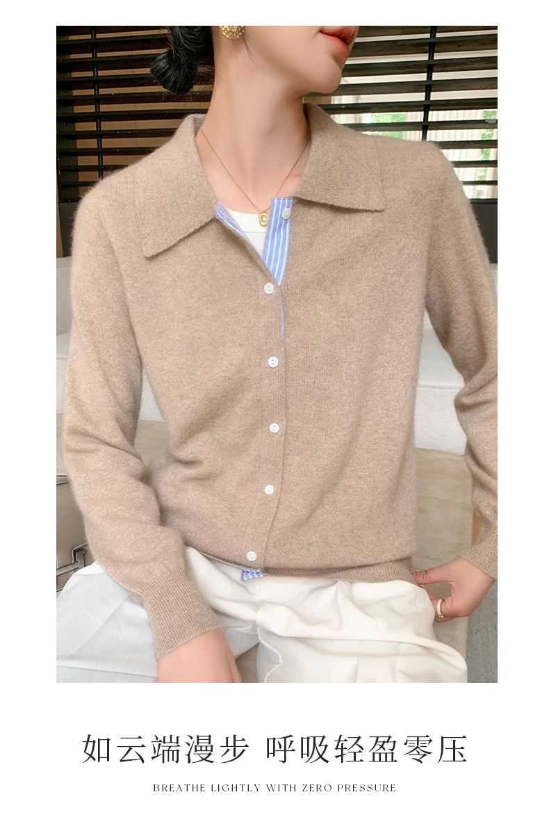 Women's Polo Collar Shirt Cardigan Merino Wool Sweater Long-sleeve Color Bar Clothing Spring Autumn Warm Knitwear Female Top