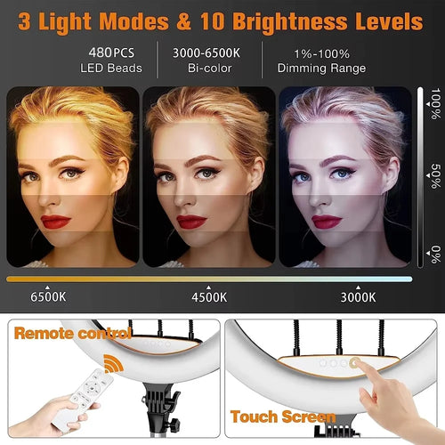 22 inch Ring Light 3000-6500K Color LED Video Ring Lamp with Phone Holder And Remote For MakeUp Youtube Photo Studio