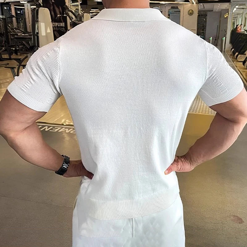 Men's Short Sleeved Knitted Polo Shirt Summer Business Lapel Stylish Solid Color Slim Fit Breathable Quick Drying Golf T-Shirt