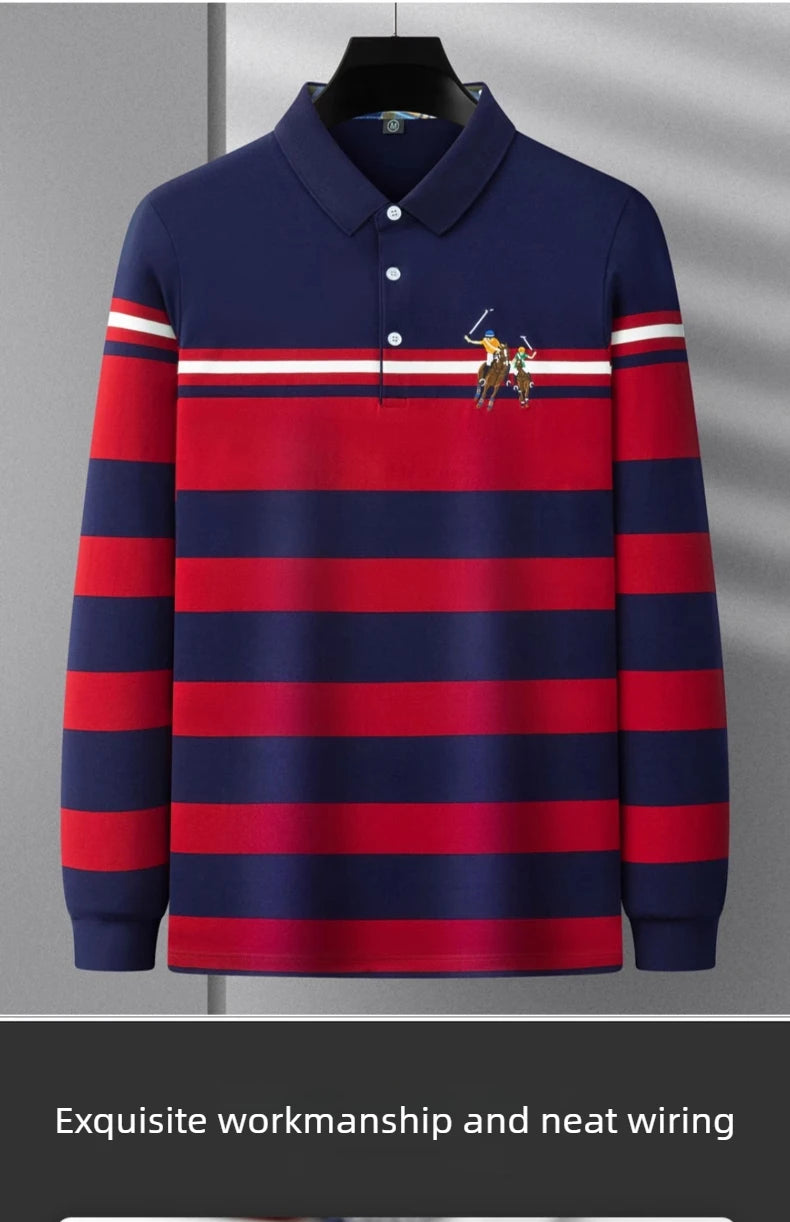 Polo Shirt Man Long Sleeve Cotton Casual Striped Polo Shirt Men Fashion Lapel Button Shirt Embroidery High Quality Breathable