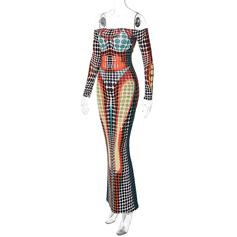 Hugcitar Sexy Y2K Clothes Tie Dye Print Long Sleeve Backless Tube Bodycon Maxi Dresses For Women Club Party Streetwear Outfits