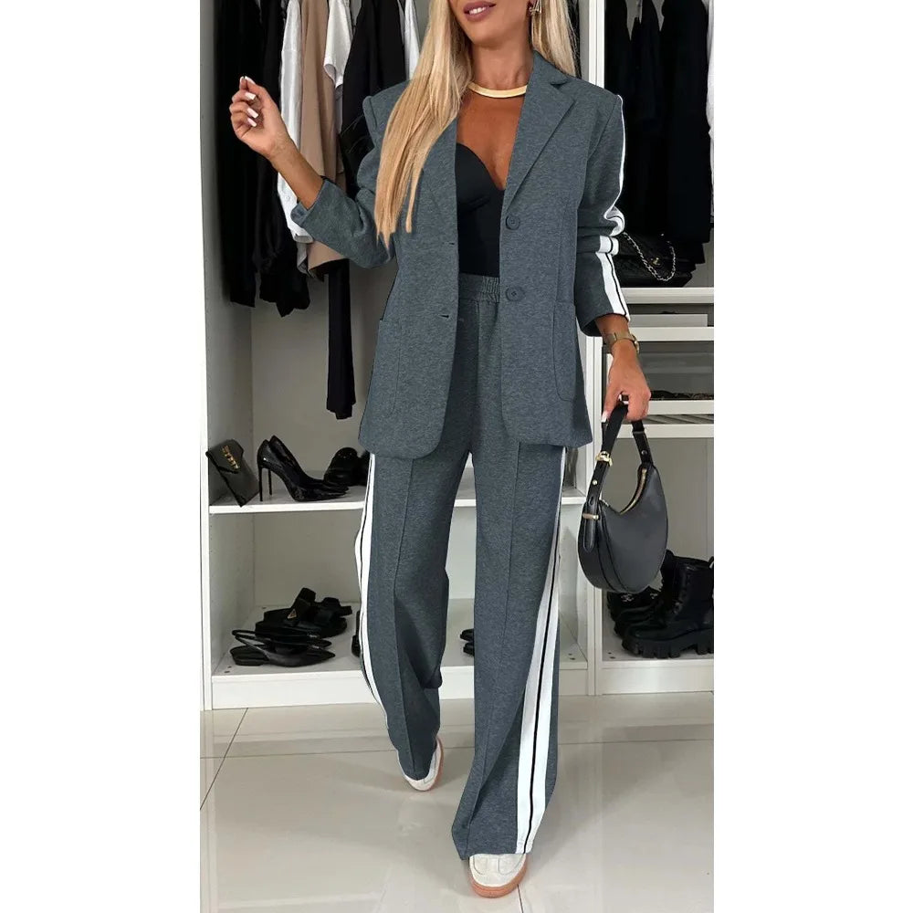Women's Long Sleeve Blazer Suit Set - Autumn Winter Notch Casual Office Pantsuit for Business, Travel and Daily Wear