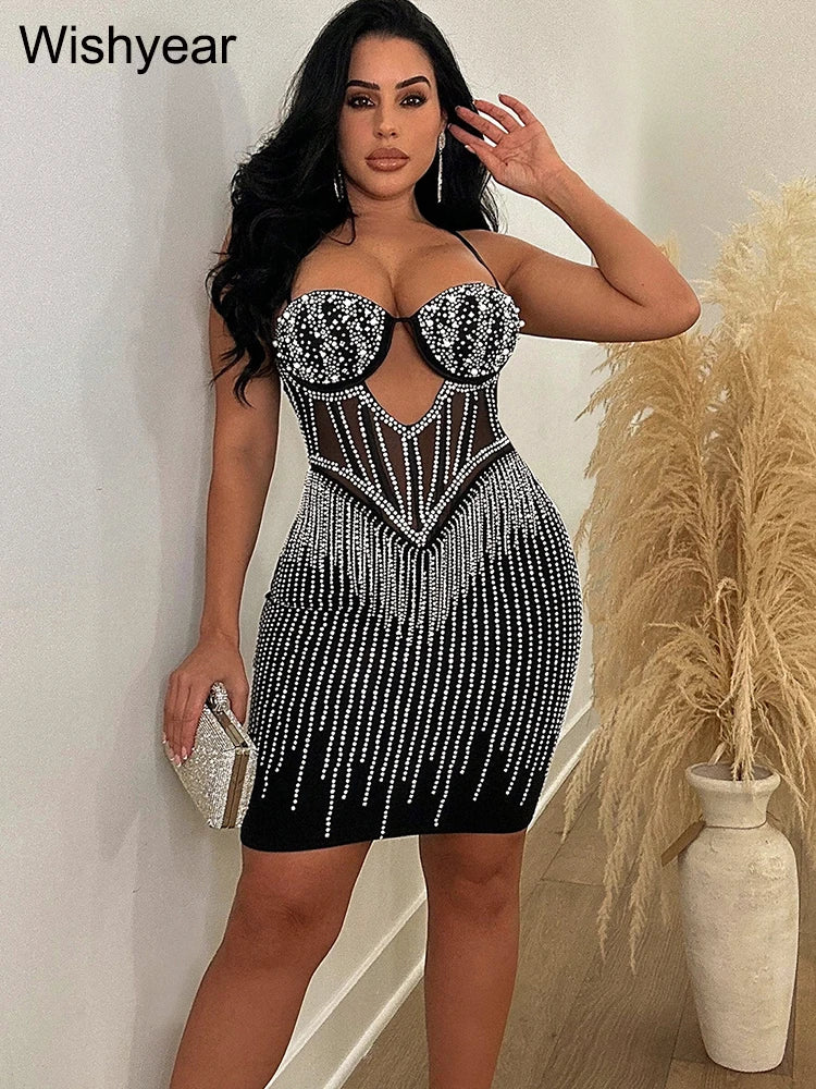 Elegant Evening Birthday Party Dresses for Women Halter Neck Mesh Patchwork Diamonds Rhinestones Prom Club Bodycon Midi Vestidos