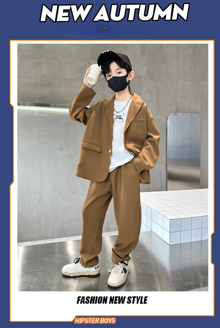 Suit for Boys Autumn Fashion Casual Loose Blazer Trousers Two Pieces Teen School Kids Clothes Set 13 14 Years Children Costumes