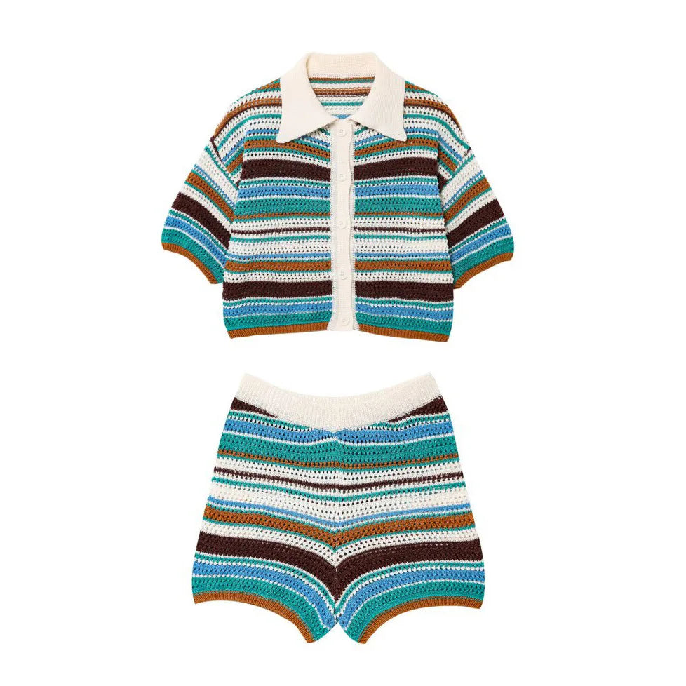 2025 Spring New POLO Shirt Collar Knitted Top Shorts Set