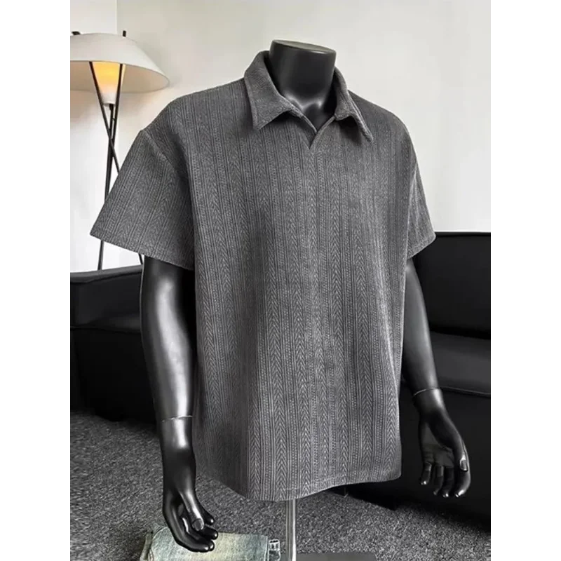 Men Short Sleeve Polo Shirt Herringbone Rib Knit Oversized Casual Top
