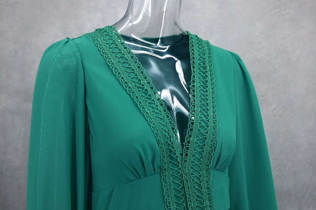 Elegant Womens Maxi Dress Ruffles Long Sleeve Hollow Out Evening Dresses Party Chic Robe Green Blue Purple New In Holiday Summer