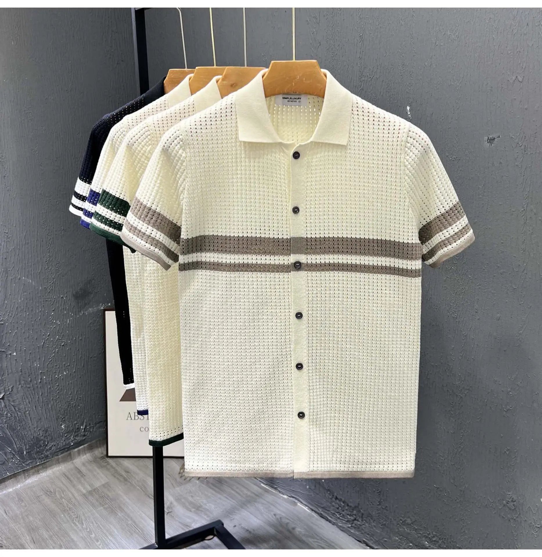 POLO Shirt Knitted Sweater Short-sleeved Men's Hollow Cardigan Striped Old Money Wind Casual T-shirt Summer Men Clothing