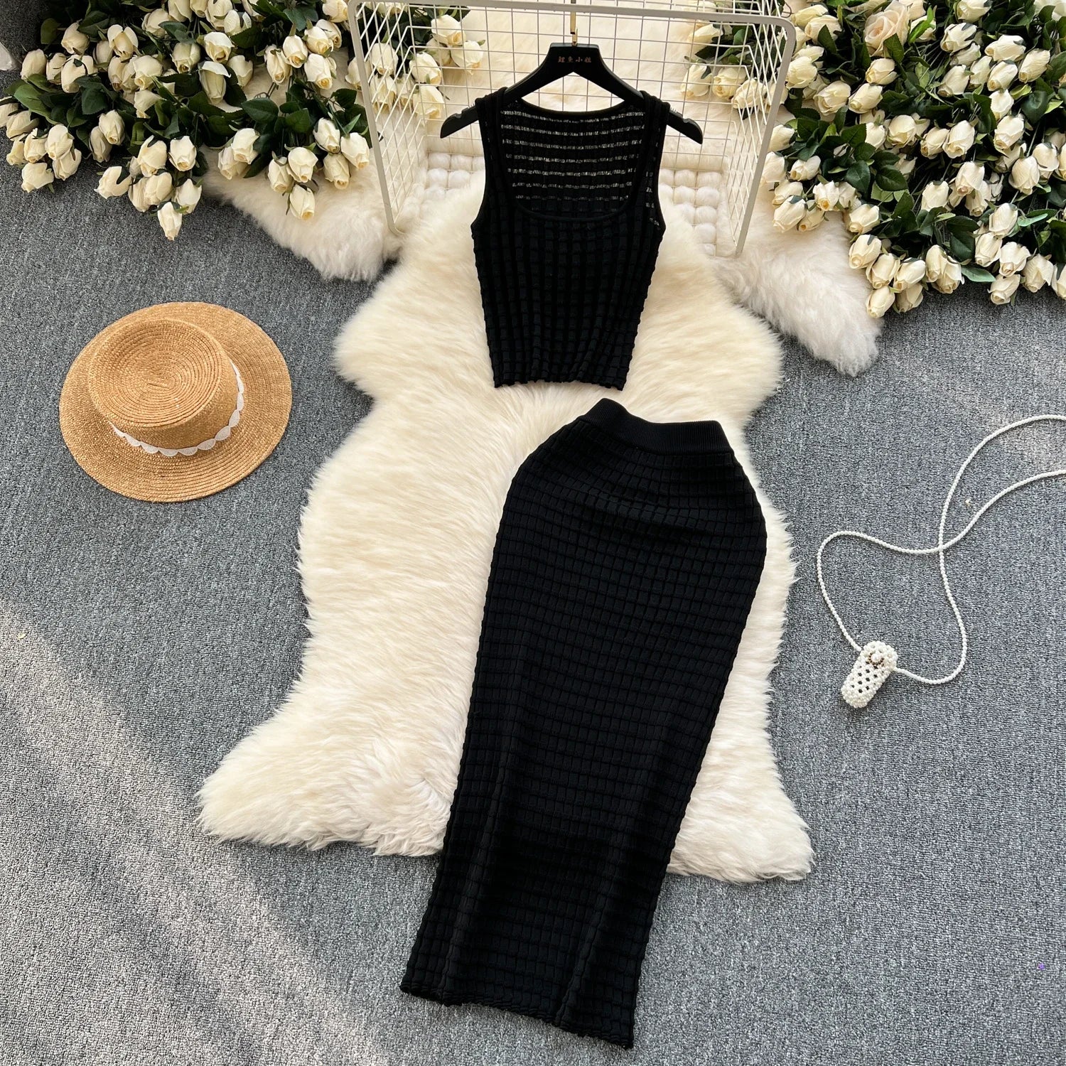 Summer Women Fashion Skirt Set Sexy Sleeveless Tank Tops High Waist Slim Long Saya Female Two Piece Suits Knit Solid Clothes