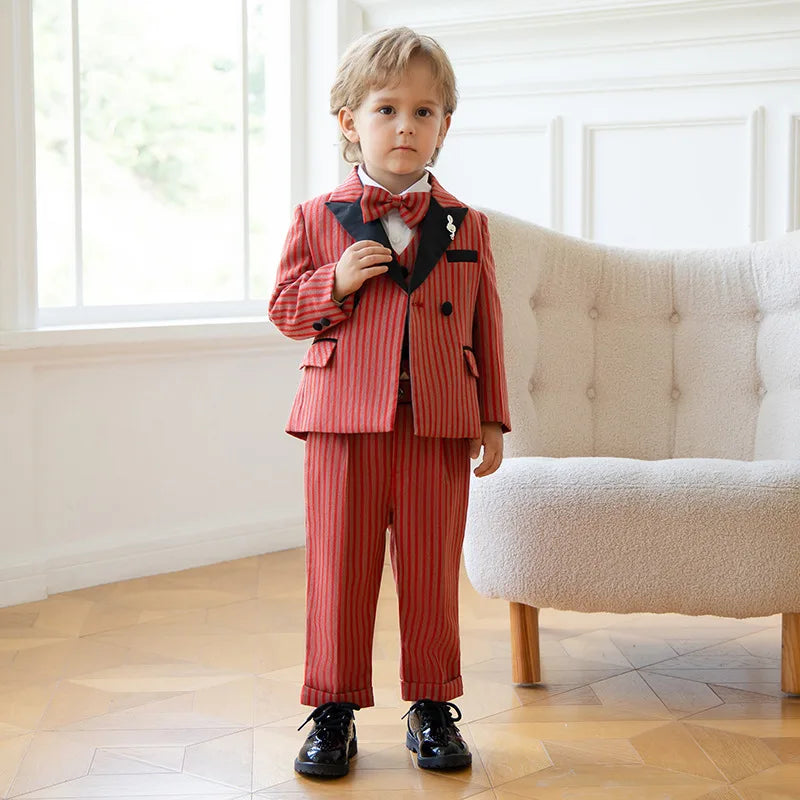 Children Boys Red Luxurious Striped Suit Formal Blazer Vest Pant Boys Suits Outfits Set British Style Handsome Wedding Suit