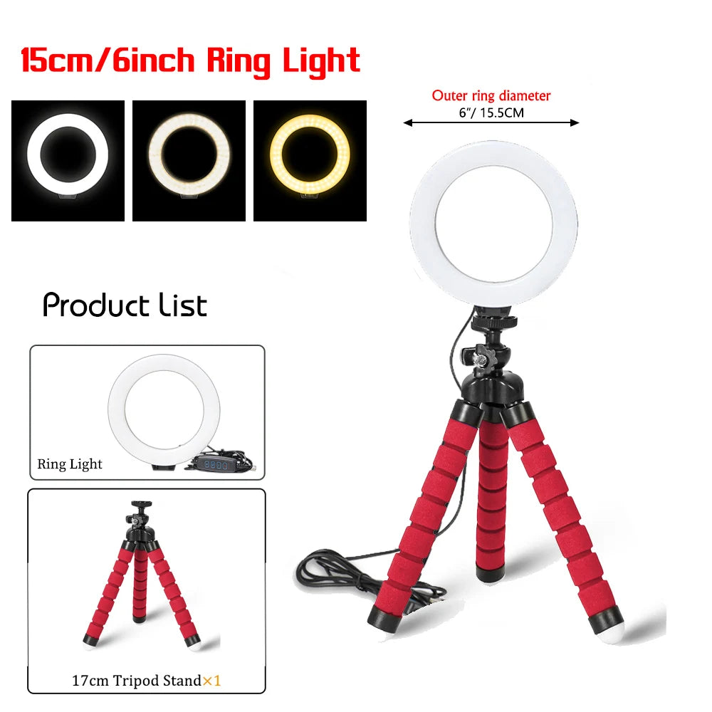16CM Dimmable Ring Light Led Selfie Ringlight Photo Photography Lighting With Mobile Phone Self-Timer Tripod For Youtube Video