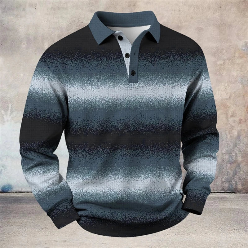 Simple Striped Long Sleeve Polo Shirts For Men Fashion Trendy 3D Printed Golf Polo Shirt Casual Oversized Lapel Button Tops