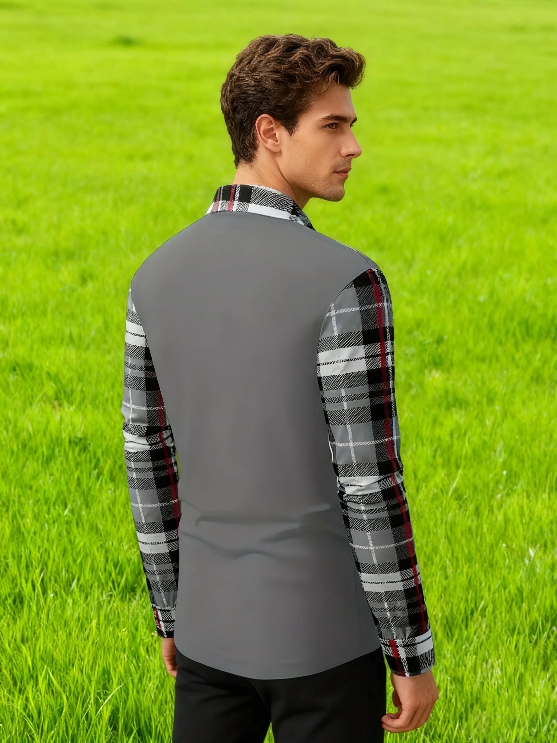 New men's long sleeved polo shirt, fashionable color blocking checkered T-shirt, street versatile sports T-shirt