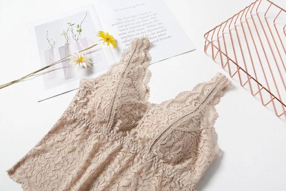 Summer Sexy Deep V Lace Vest With Breast PadsEmbroidery Floral Tank Top Wrapped Chest Camisole Padded Crop Tank Top For Women