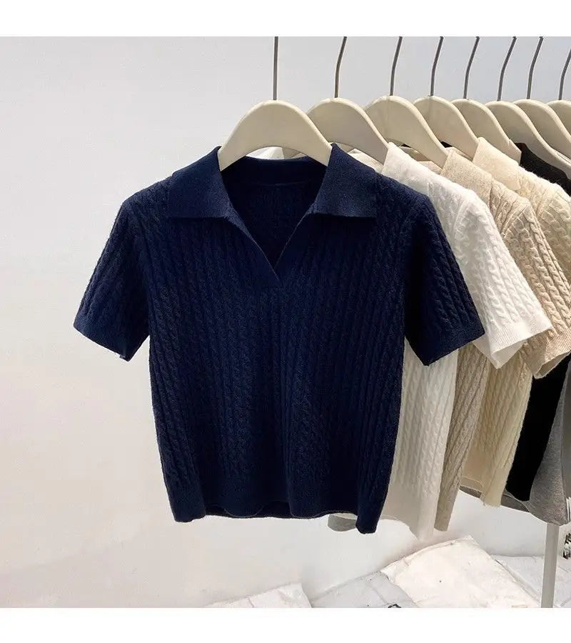 Polo Neck Knit Sweater Women Short Sleeve T-shirt High-end Slim Korean Chic High-end Tops Patchwork Women Clothing Thin Pullover