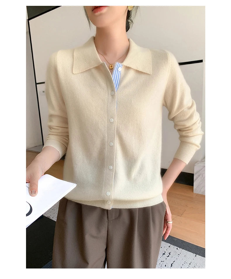Women's Polo Collar Shirt Cardigan Merino Wool Sweater Long-sleeve Color Bar Clothing Spring Autumn Warm Knitwear Female Top