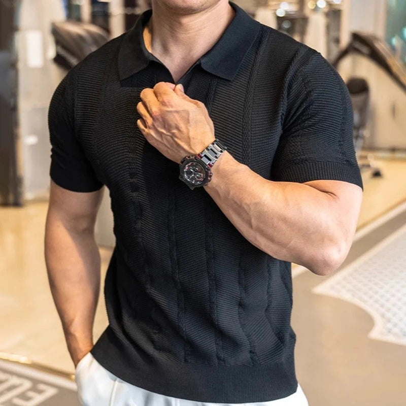 Men's Short Sleeved Knitted Polo Shirt Summer Business Lapel Stylish Solid Color Slim Fit Breathable Quick Drying Golf T-Shirt