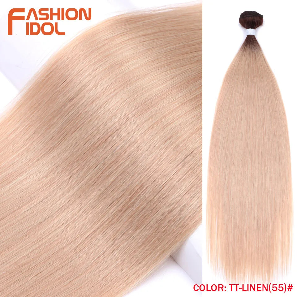 FASHION IDOL Bone Straight Hair Extensions Ombre Blonde Hair Bundles Super Long Hair Synthetic 24 Inch Straight Hair Full to End