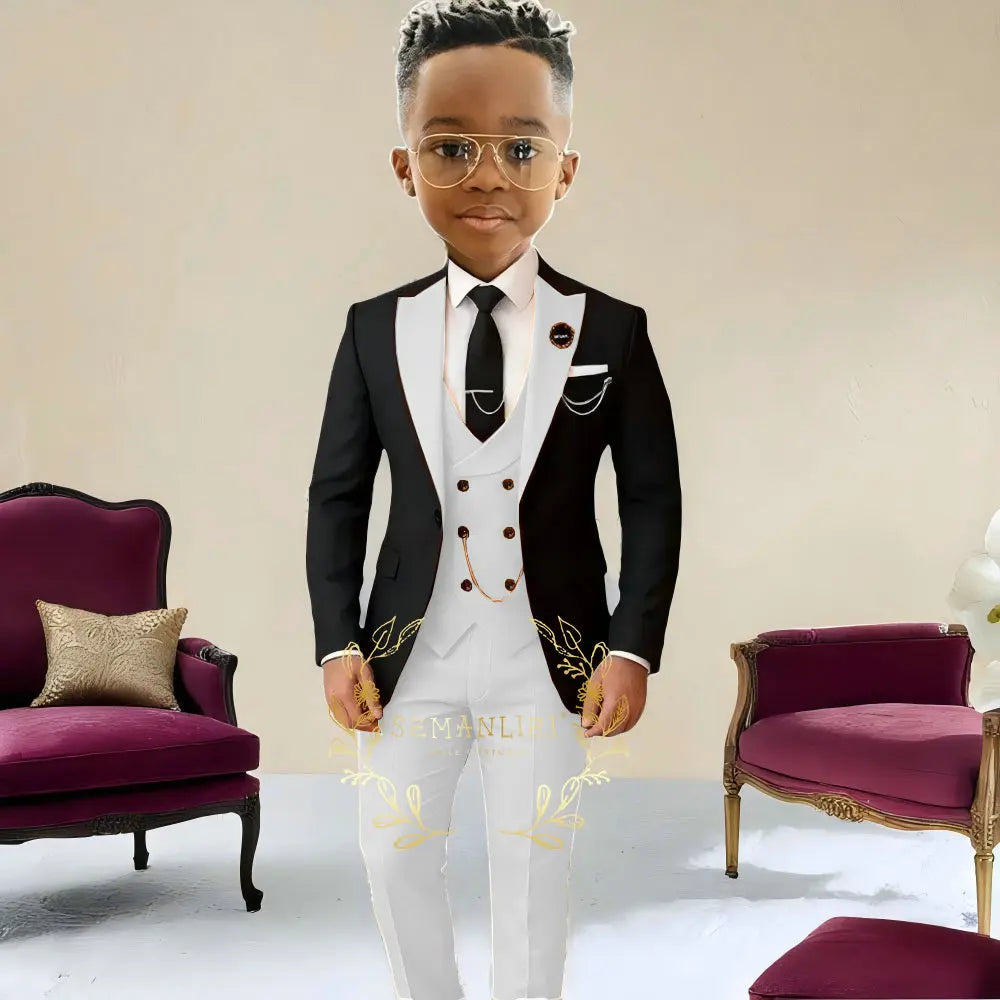 Boys Suit Wedding Tuxedo Black Jacket Beige Pants Vest 3 Pieces Set Kids 2-16 Years Old Child Formal Party Suits Clothes Blazer