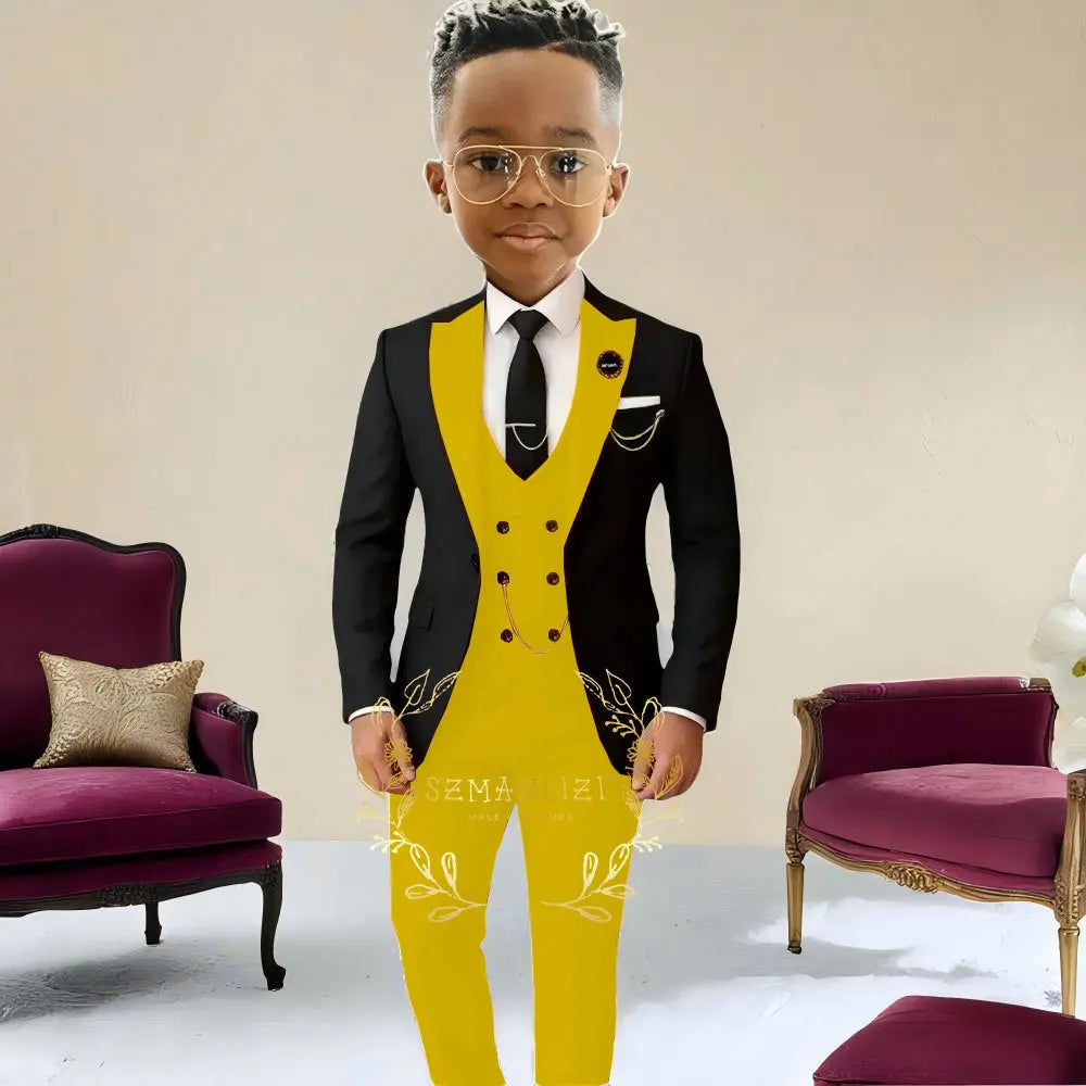 Boys Suit Wedding Tuxedo Black Jacket Beige Pants Vest 3 Pieces Set Kids 2-16 Years Old Child Formal Party Suits Clothes Blazer