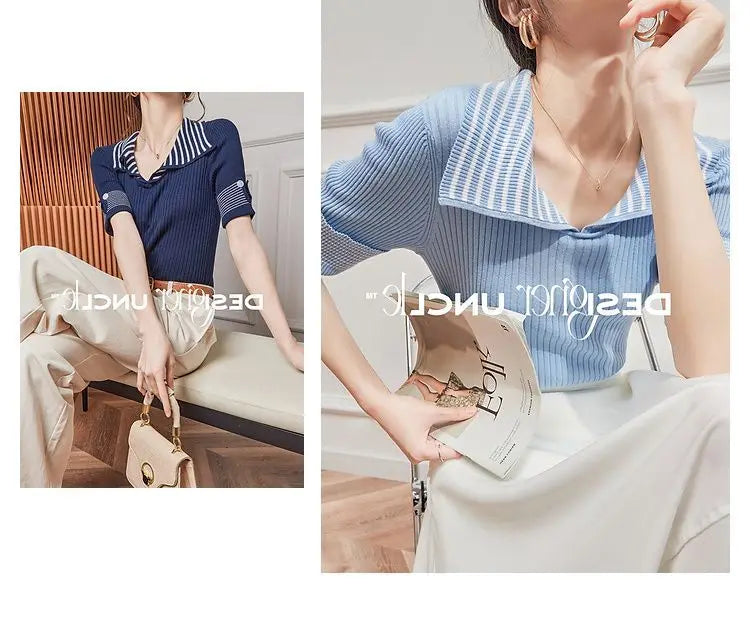 Women's T Shirts Polo Neck Shirt Top Short Sleeve Tee Clothes White Striped Cute Offer Premium With Collar Polyester Sale