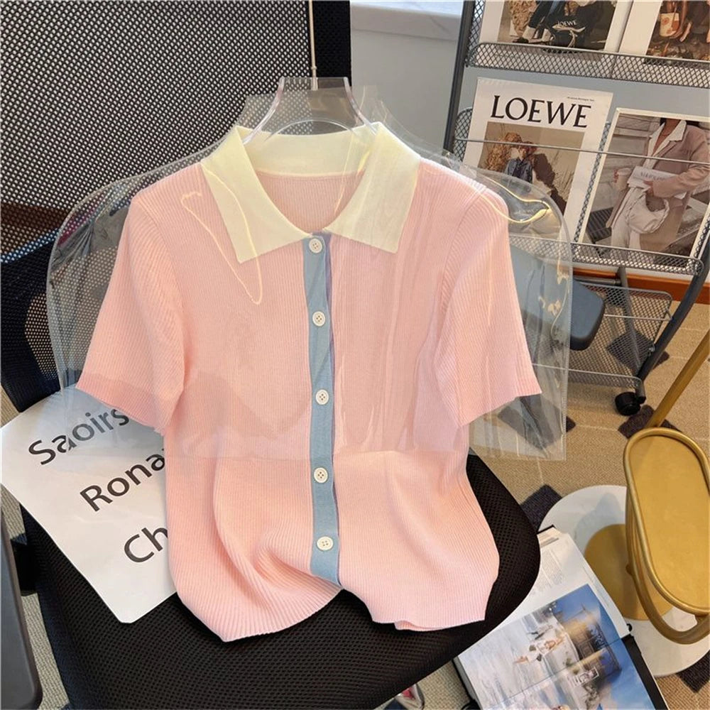 POLO collar short sleeved knitted shirt for women, summer color blocking versatile T-shirt, plus size slimming top