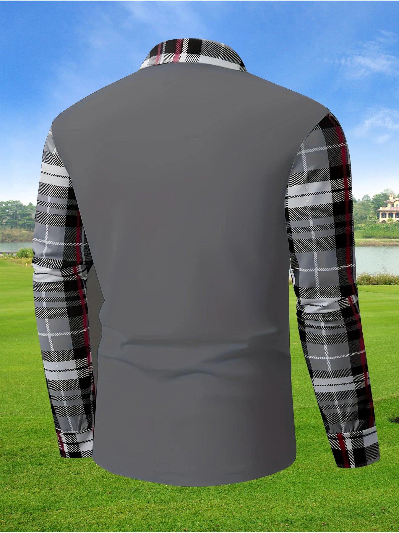 New men's long sleeved polo shirt, fashionable color blocking checkered T-shirt, street versatile sports T-shirt