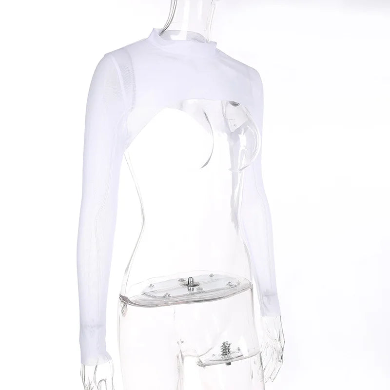 Hot Summer Sexy Top Ultra Short Perspective Round Neck Long Sleeve Solid Color Transparent T-shirt Women's Top