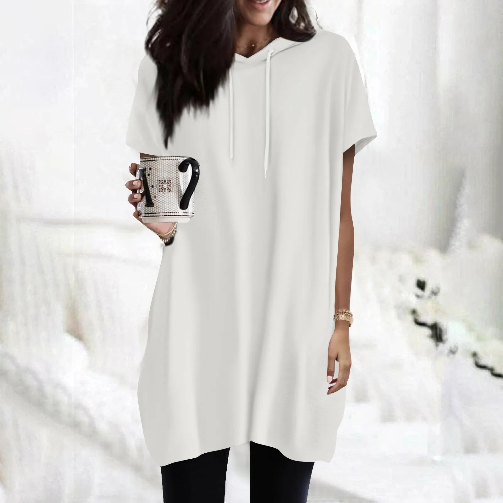 Hoodies Oversized Solid Color Daily Short Sleeve Long Shirts Fashionable Basics Minimalist Comfortable Top Or Dress With Pockets