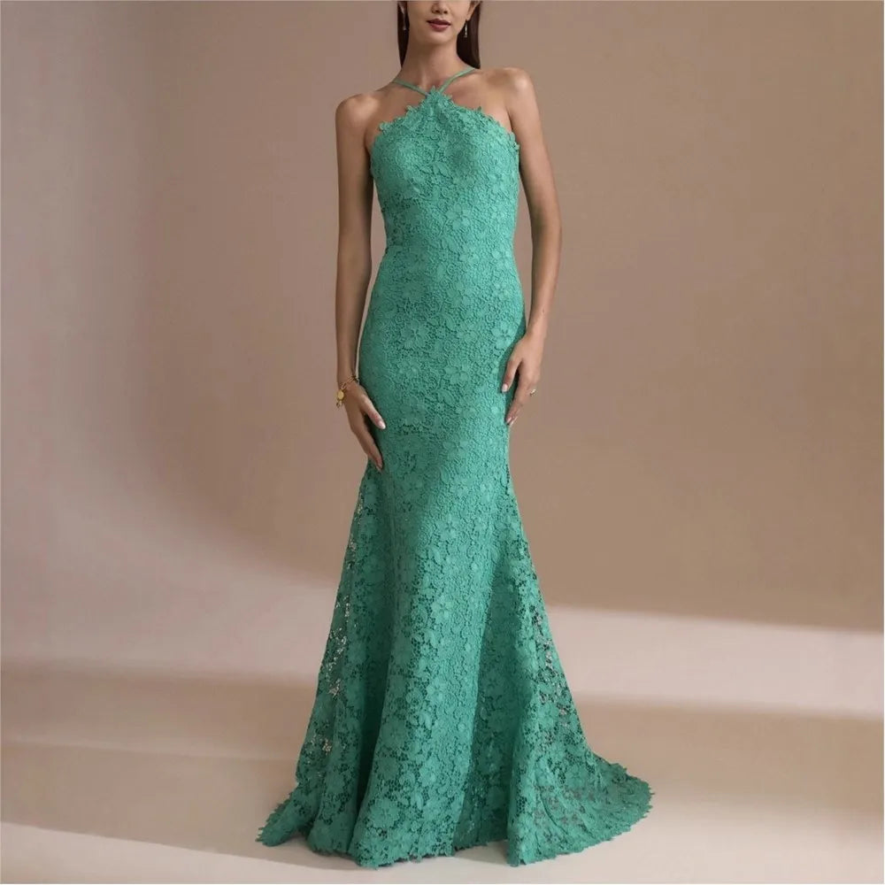 Fashion Evening Dress Dresses For Woman Party Wedding Vestidos Temperament Elegant Sexy Slim Neck Halter Backless Laces Banquet