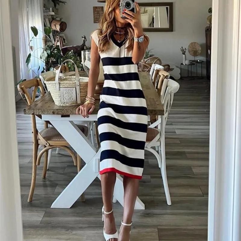 Black White Striped Pullover Dress For Women 2026 Summer New Style Striped V-neck Hem Slit Casual Loose Dress Ladies Vestidos
