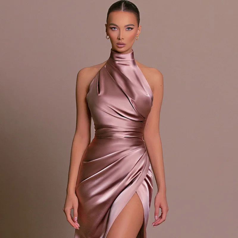Ladies Summer Satin Evening Birthday Party Dresses Women Sleeveless Backless Halter Side Slit Elegant Long Dress Mowan Clothes