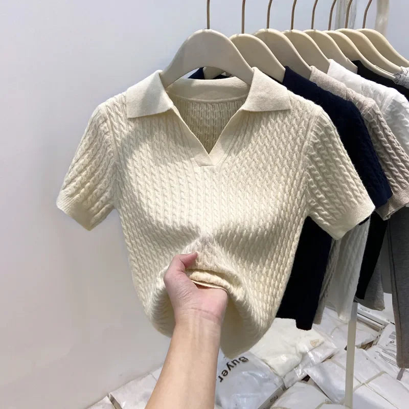 Polo Neck Knit Sweater Women Short Sleeve T-shirt High-end Slim Korean Chic High-end Tops Patchwork Women Clothing Thin Pullover