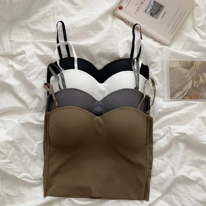 Summer Sexy Top Women Slim Thin Straps Camisole Sleeveless T-Shirt with Cups Solid Color Tank Tops Ice Silk Comfortable Sling