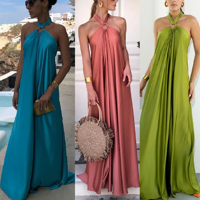 Party Dresses For Women Loose Halter Neck Leace-up Backless Sexy Satin Evening Dress A-line Summer New Fashion Elegant Vacation