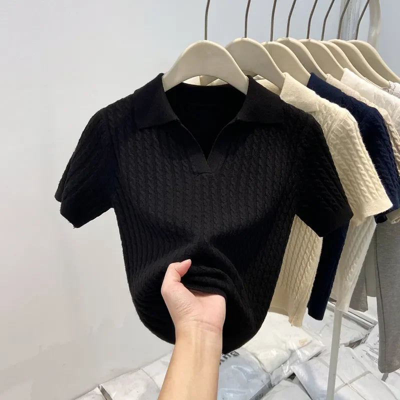 Polo Neck Knit Sweater Women Short Sleeve T-shirt High-end Slim Korean Chic High-end Tops Patchwork Women Clothing Thin Pullover