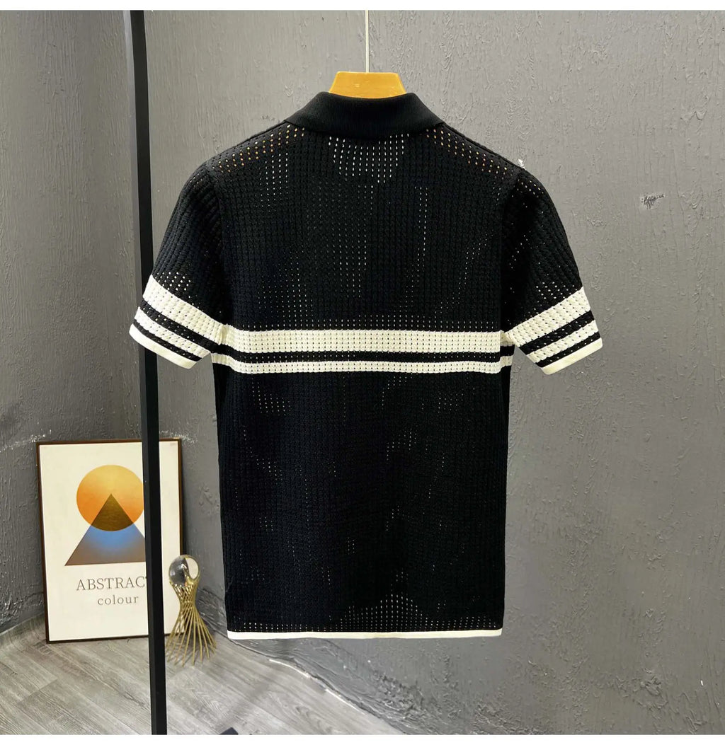 POLO Shirt Knitted Sweater Short-sleeved Men's Hollow Cardigan Striped Old Money Wind Casual T-shirt Summer Men Clothing