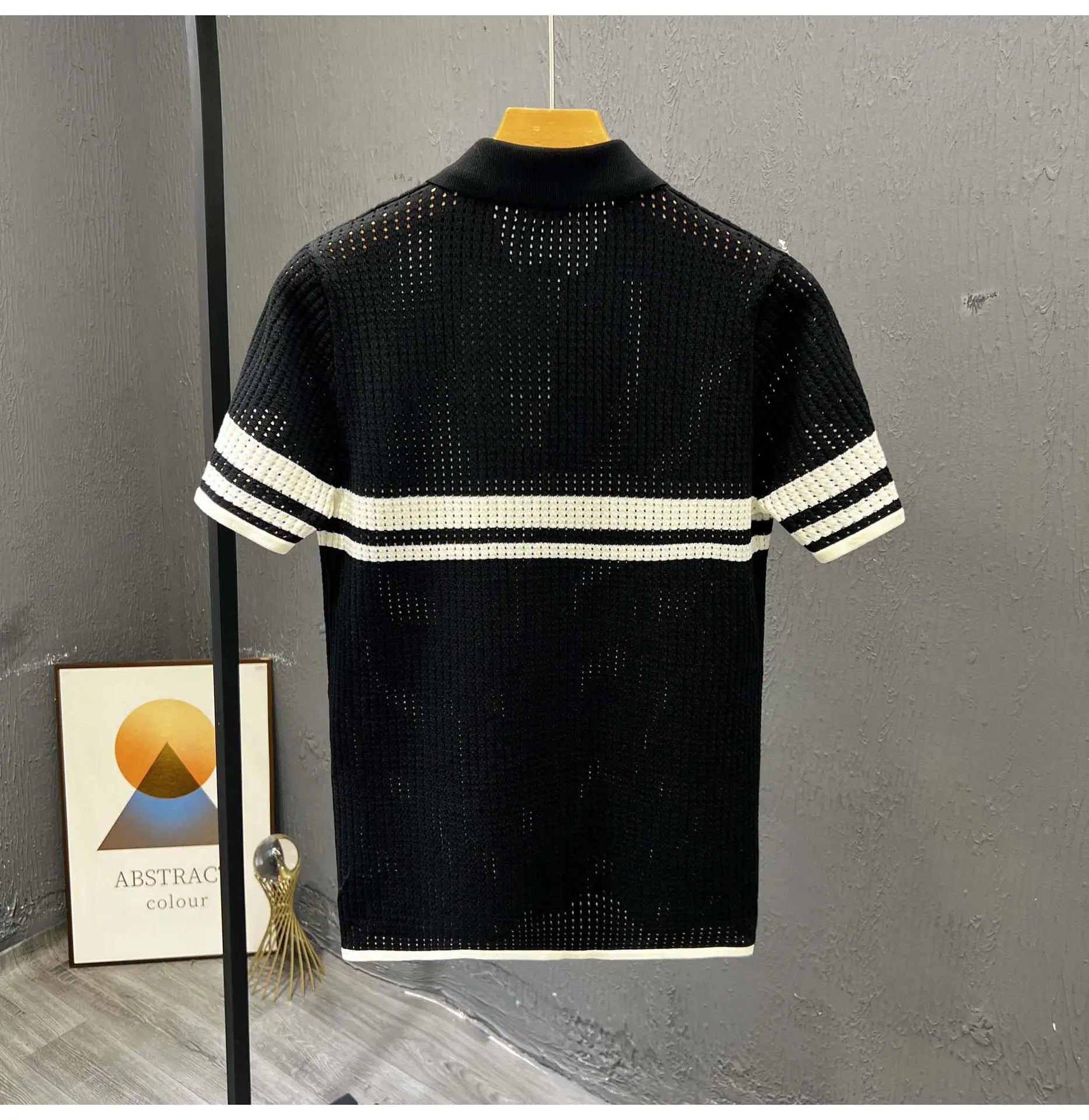 POLO Shirt Knitted Sweater Short-sleeved Men's Hollow Cardigan Striped Old Money Wind Casual T-shirt Summer Men Clothing